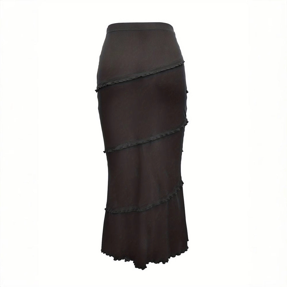 Rock Schwarz Herbst Winter Damen Kleidung Einfarbig Mehrlagig Nähte Holzohr Gestrickter Fishtail Rock Stufenweiser Lotus