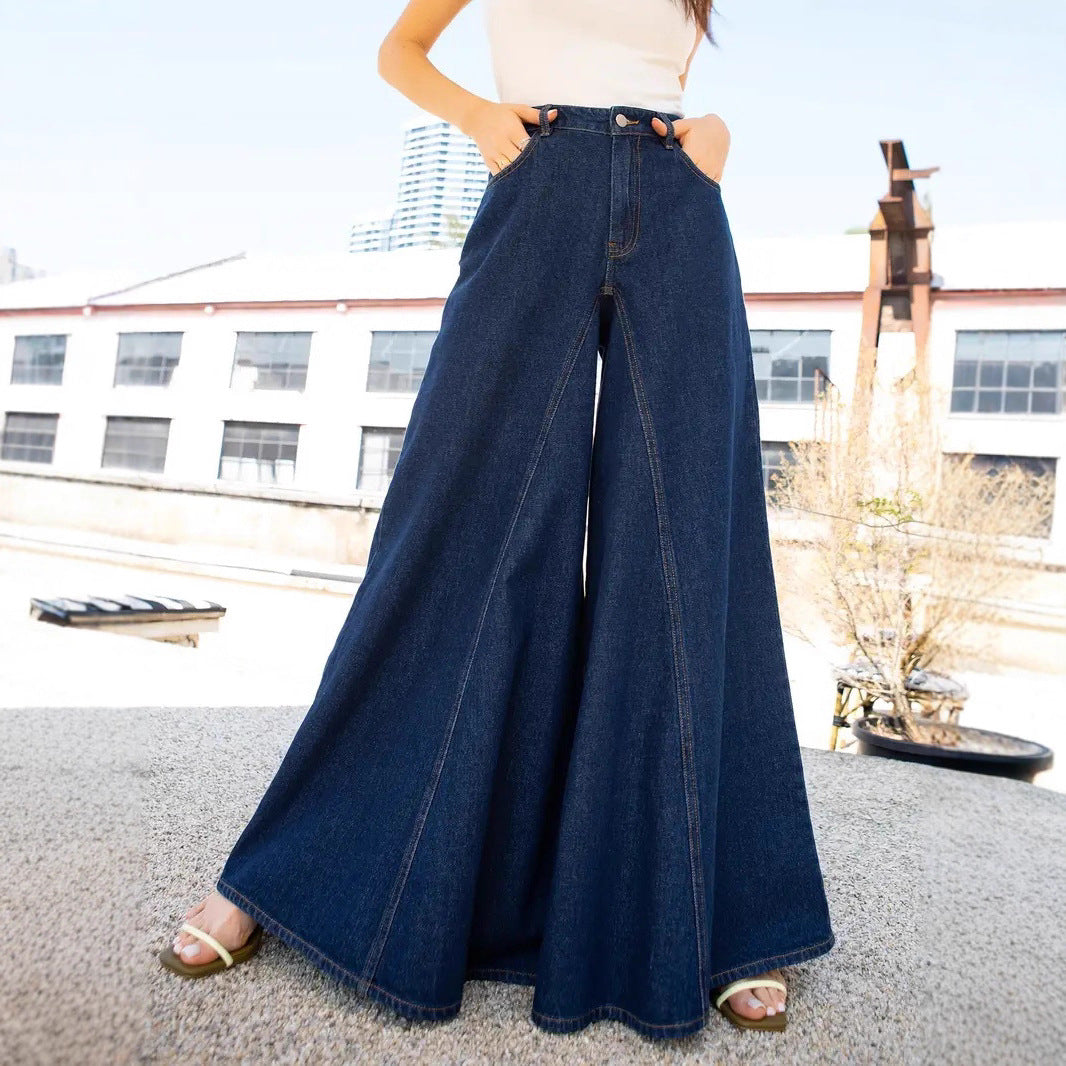 Women Elegant Simple Wide Leg Jeans Stretch Jeans Washed Denim Jeans