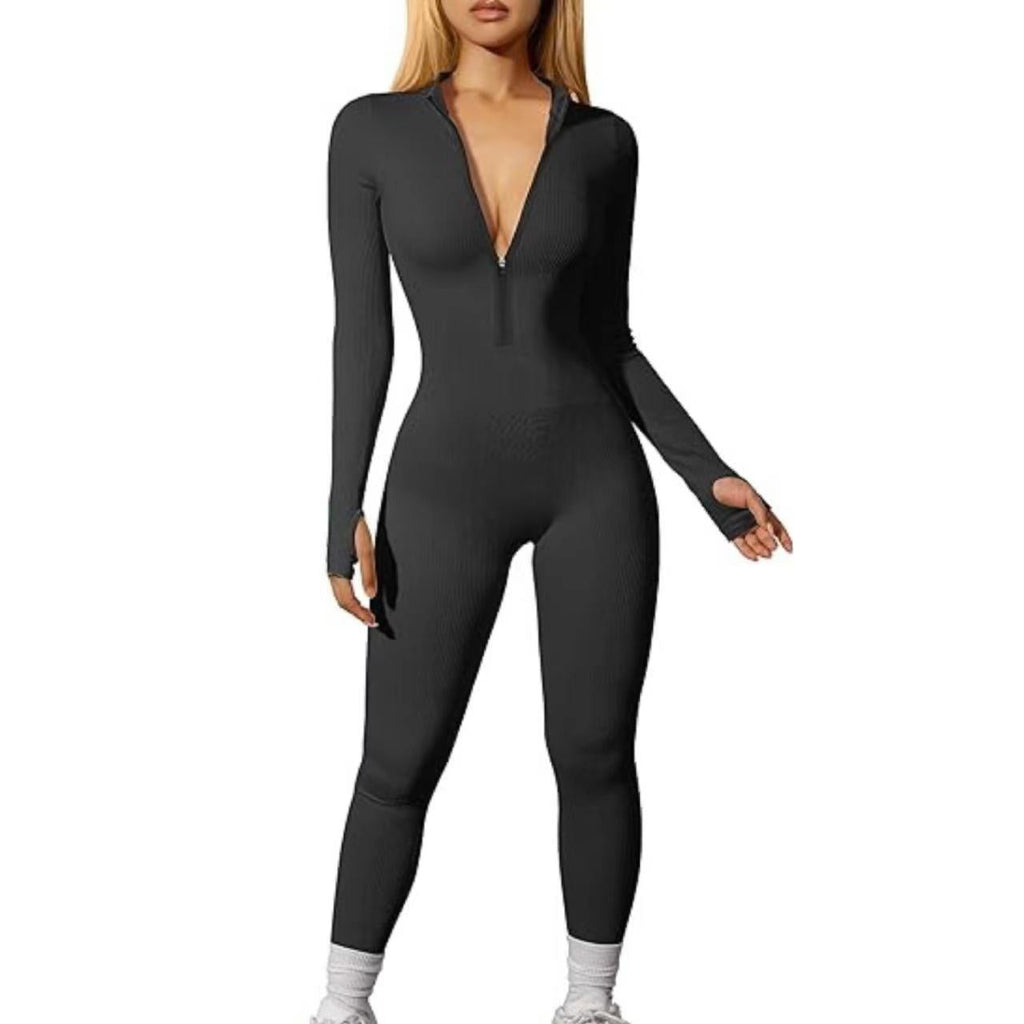Damen Sport Jumpsuit Training Gerippt Langarm Reißverschluss Casual Jumpsuit Hose Eng