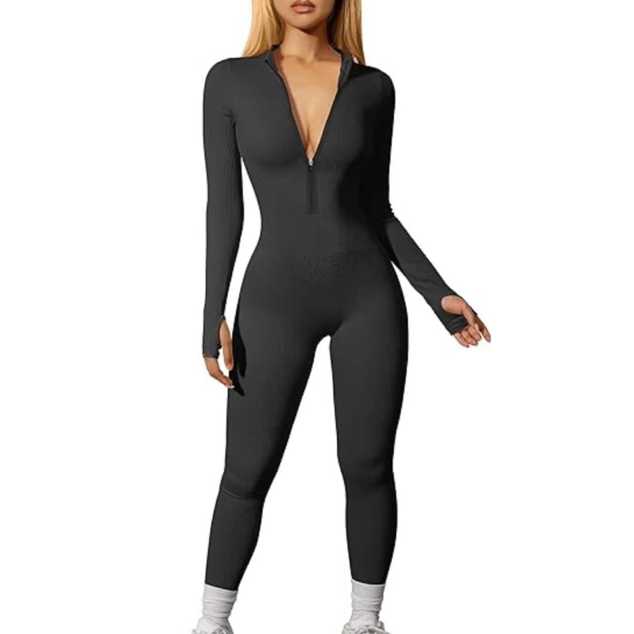 Damen Sport Jumpsuit Training Gerippt Langarm Reißverschluss Casual Jumpsuit Hose Eng
