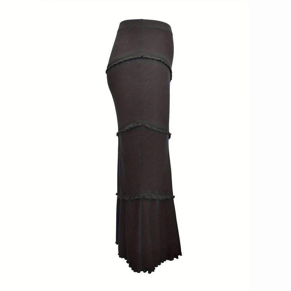 Rock Schwarz Herbst Winter Damen Kleidung Einfarbig Mehrlagig Nähte Holzohr Gestrickter Fishtail Rock Stufenweiser Lotus