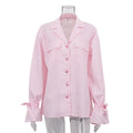 Fashionable Striped Office French Shirt for Women Spring Autumn Printing Collared Bell Sleeve Loose Pockets Shirt