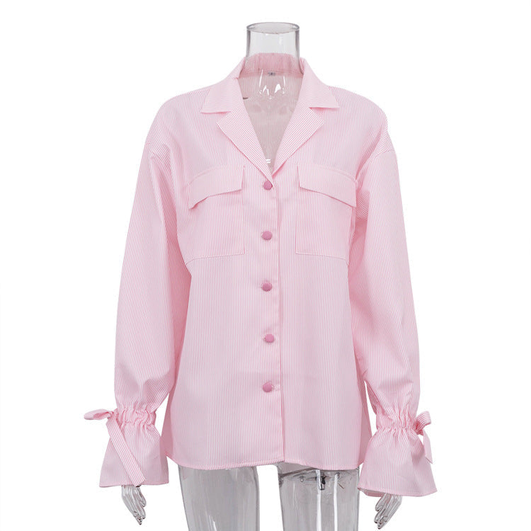 Fashionable Striped Office French Shirt for Women Spring Autumn Printing Collared Bell Sleeve Loose Pockets Shirt