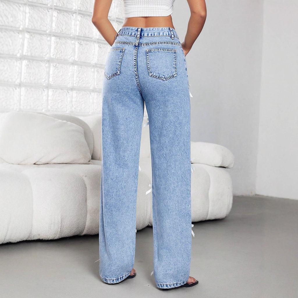 Schleifenband Damen Ganzjahreshose Weite Jeanshose