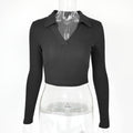 Retro Sexy Polo Collar Deep V Plunge Top Fall Women Clothing Crop Top Tight Fitting Thread Knitted Long Sleeve T shirt