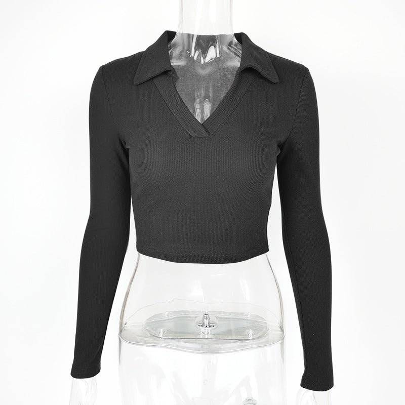 Retro Sexy Polo Collar Deep V Plunge Top Fall Women Clothing Crop Top Tight Fitting Thread Knitted Long Sleeve T shirt