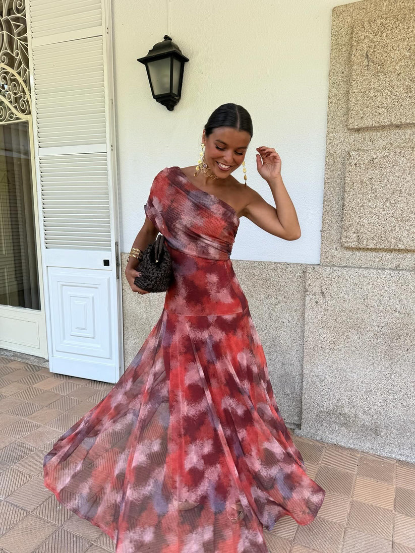 Bedrucktes Mesh-Off-Shoulder-Kleid für den Urlaub mit schmaler Passform