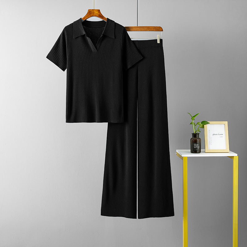 Damenbekleidung Polokragen Pullover Kurzarm-Oberteil Abnehmende Uni-Hose mit weitem Bein Strickanzug
