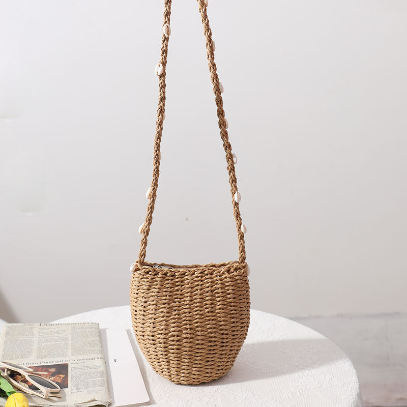 Niedliche Strohtasche Damen Einzelne Schulter Umhängetasche Muschel Strohtasche Gewebte Tasche All-Match Küstenurlaub Strandtasche