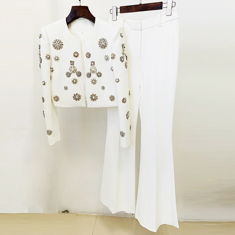Rundhals-Heavy-Industrie-Perlen-Kurzjacke Schlitz-Schlaghose Blazer Anzug Set