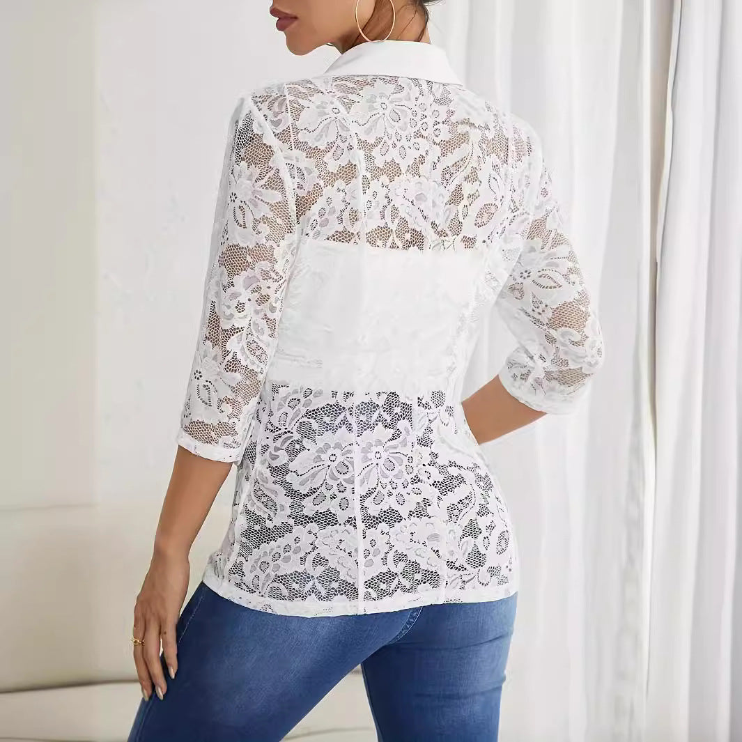 Herbst Winter Elegant Unifarben Spitze Patchwork Kleiner Blazer Damen Top