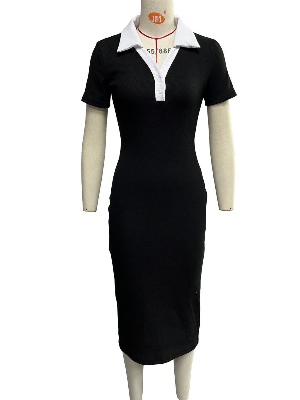 Summer Slimming Elegant Stitching Contrast Color Polo Collar Hip Short Sleeve Single Breasted Knitted Dress