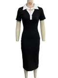 Summer Slimming Elegant Stitching Contrast Color Polo Collar Hip Short Sleeve Single Breasted Knitted Dress