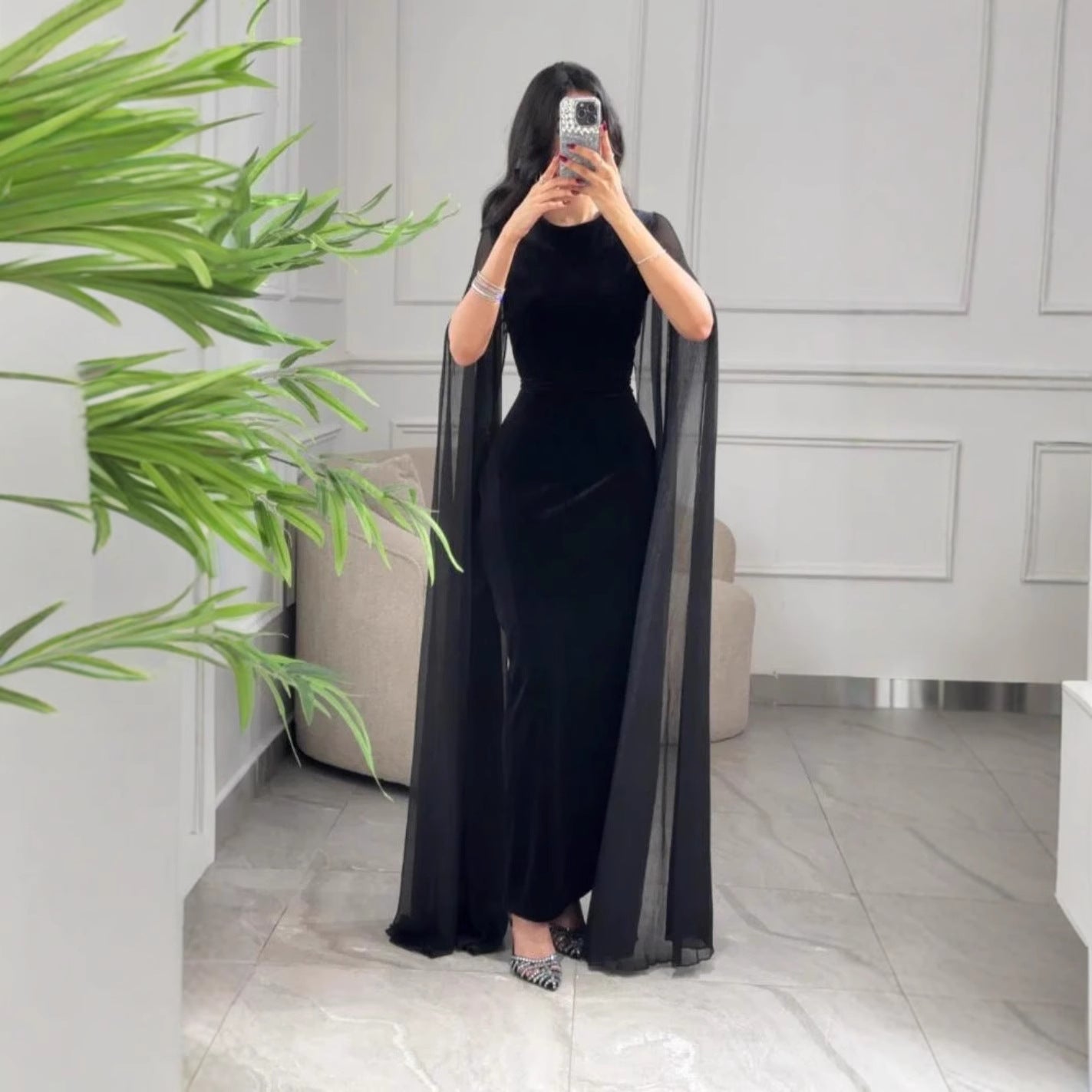 Herbst Winter Damenbekleidung Naher Osten Samt Scheide Ärmel Kleid