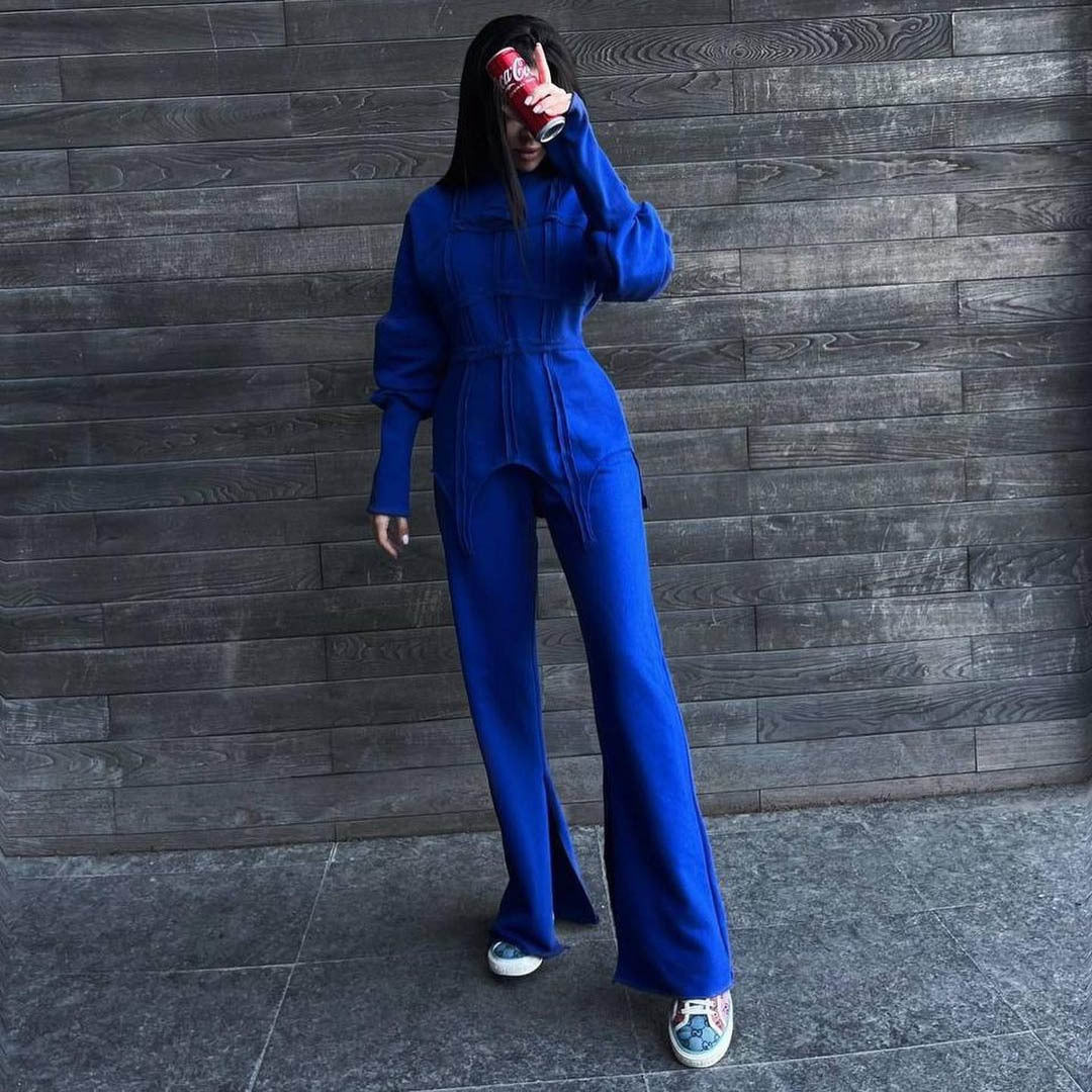 Einfarbige Kapuzenpullover-Sets Rundhals-Pullover-Oberteil Geteilte gerade Hose Lässige zweiteilige Sets