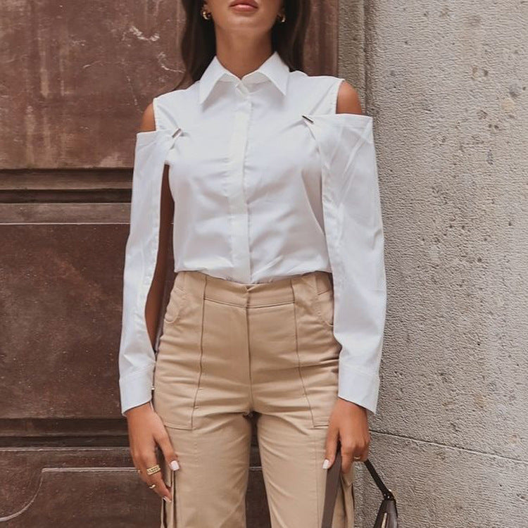 Women Clothing Design Detachable Long Sleeve White Blouse Spring Autumn Cotton Collared off Shoulder Shirt
