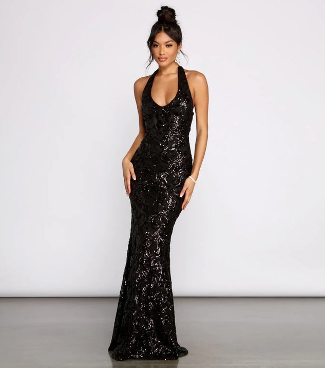Damenbekleidung Sexy Neckholder Paillettenkleid All-Matching Festliches Kleid