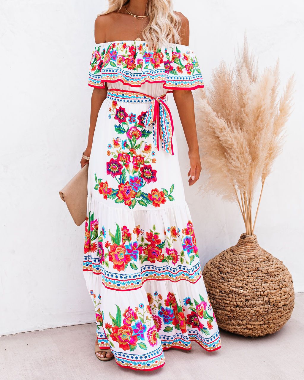 Frühjahr Sommer Carmen-Ausschnitt Rot Blumenmuster Lang Weitschwingendes Kleid