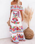 Frühjahr Sommer Carmen-Ausschnitt Rot Blumenmuster Lang Weitschwingendes Kleid