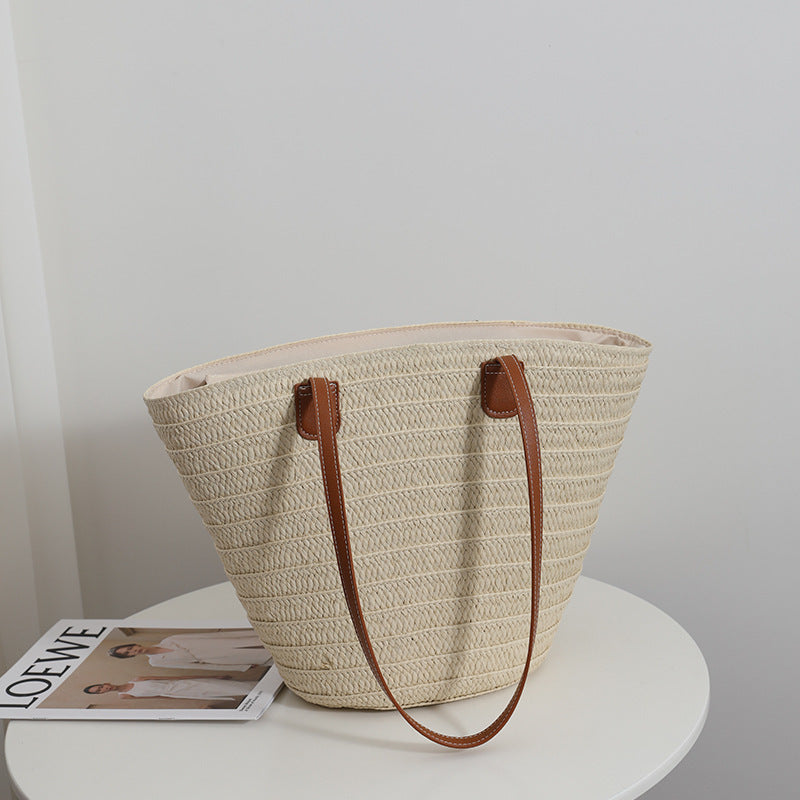 Einfache Schulter-Strohtasche Große Kapazität Korbtasche Gewebte Tasche Strandtasche Damen Urlaub Strand