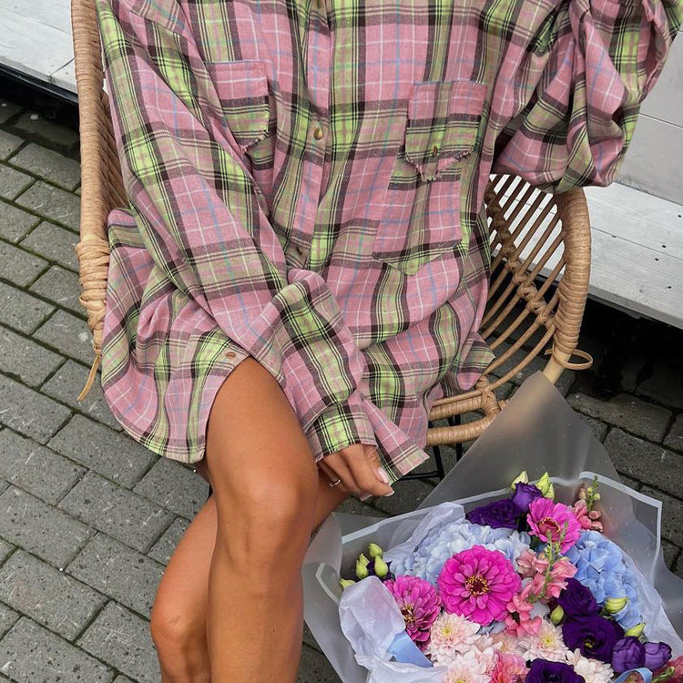 Casual All Matching Plaid Shirt Women Spring Autumn Retro Lapels Long Sleeve Loose Cardigan Top Shirt