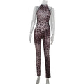 Sexy ärmelloser Neckholder-Jumpsuit mit Leopardenmuster, Mesh-Einsätzen, eng anliegend, hochelastische Hose
