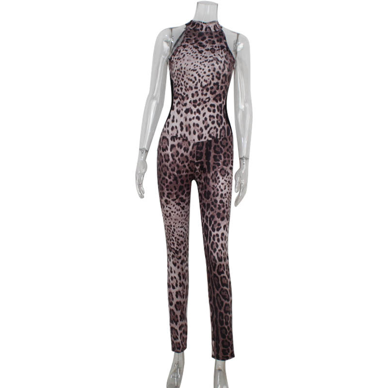 Sexy ärmelloser Neckholder-Jumpsuit mit Leopardenmuster, Mesh-Einsätzen, eng anliegend, hochelastische Hose