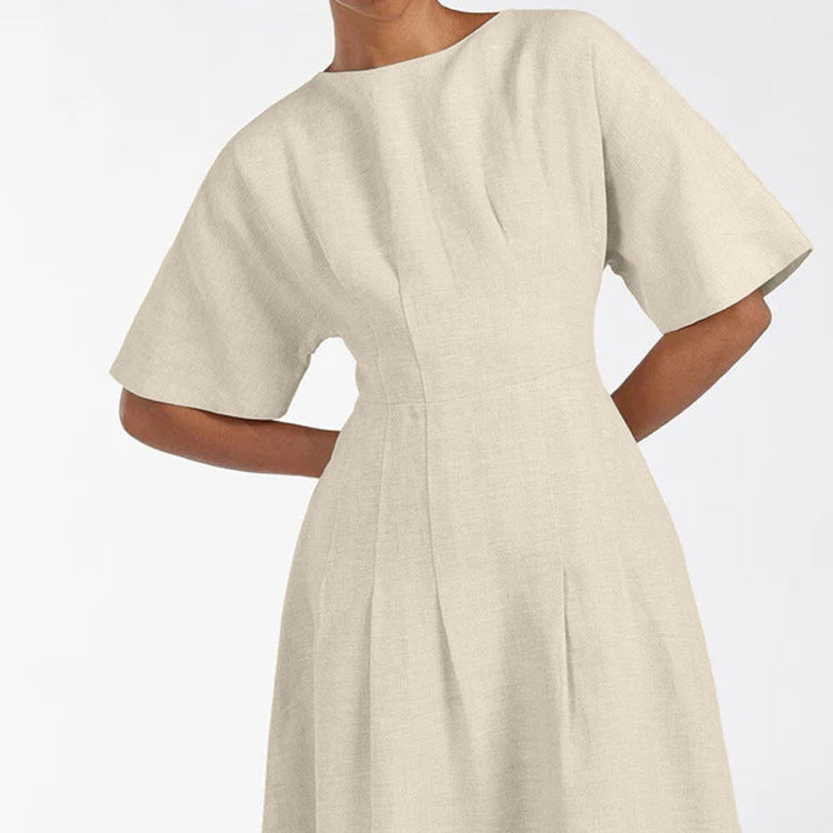 Damenbekleidung Schlichtes lässiges A-Linien-Kleid Baumwoll-Rundhalsausschnitt Kurzarm tailliertes Kleid