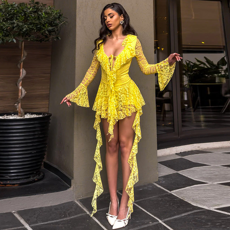 Damenbekleidung Spitze Lotusblatt Streamer Langarm mit Sicherheitshose Kurzes Kleid
