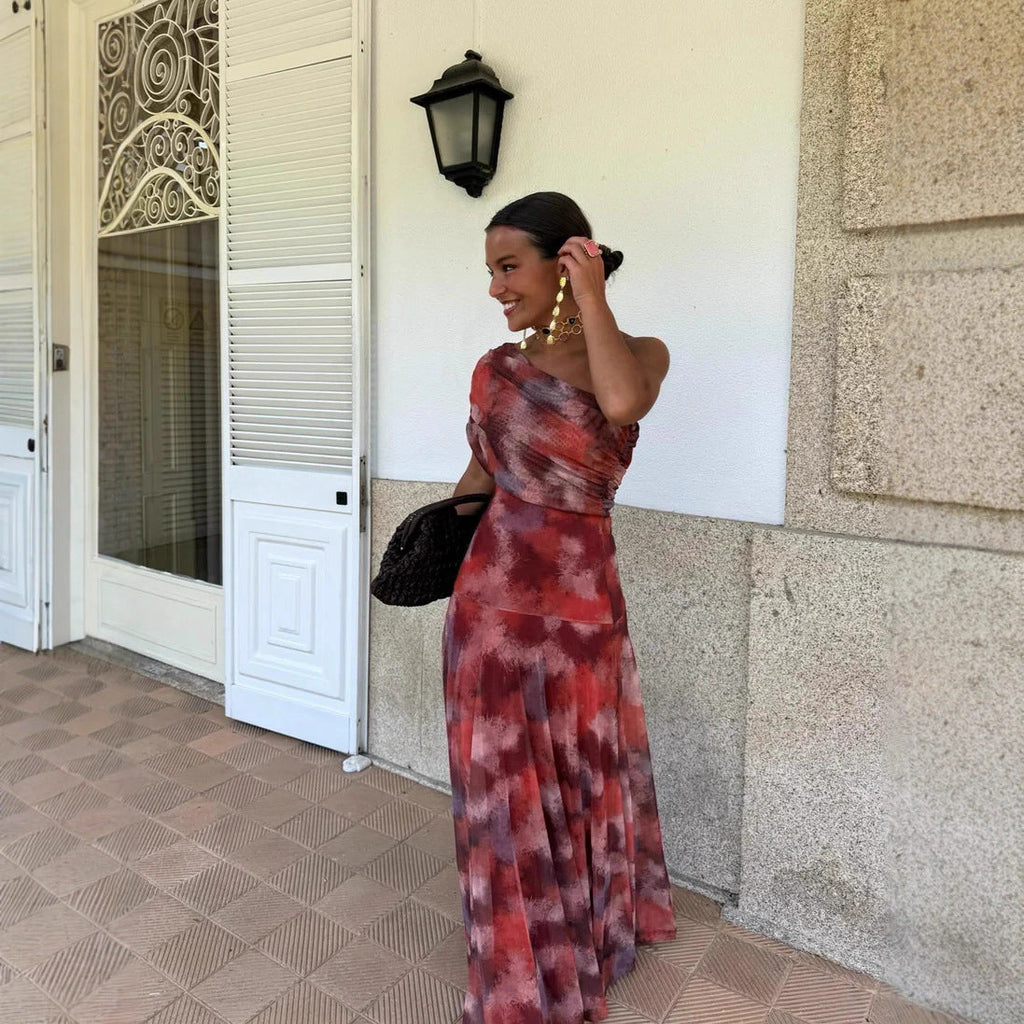 Bedrucktes Mesh-Off-Shoulder-Kleid für den Urlaub mit schmaler Passform