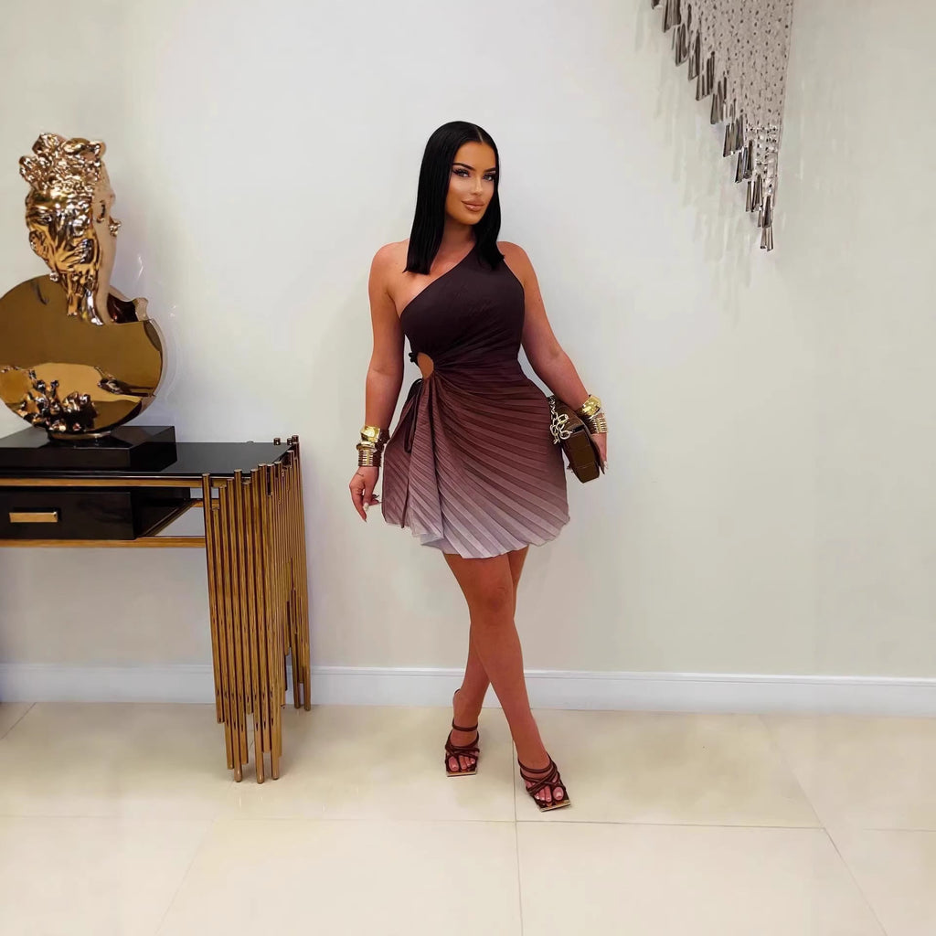 Sexy Solid Color Sleeveless Oblique Shoulder Hollow Out Cutout Pleated Waist Controlled Short Dress