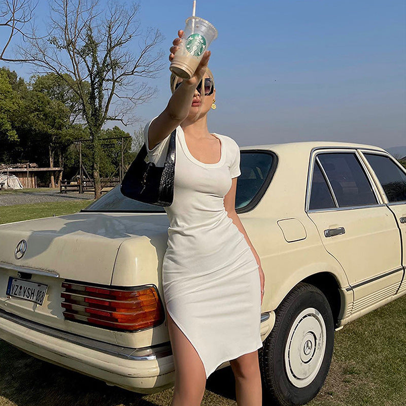 Damenbekleidung Rundhals Kurzarm Normal Schlankmachend Hüftgeteilter Hipster Sommerkleid