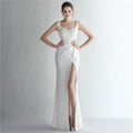Satin Perlen Lang Schlitz Debütantinnen Galadinner Slim Fit Fishtail Kleid Hochzeitsauto Model Ausstellungs-Kleid