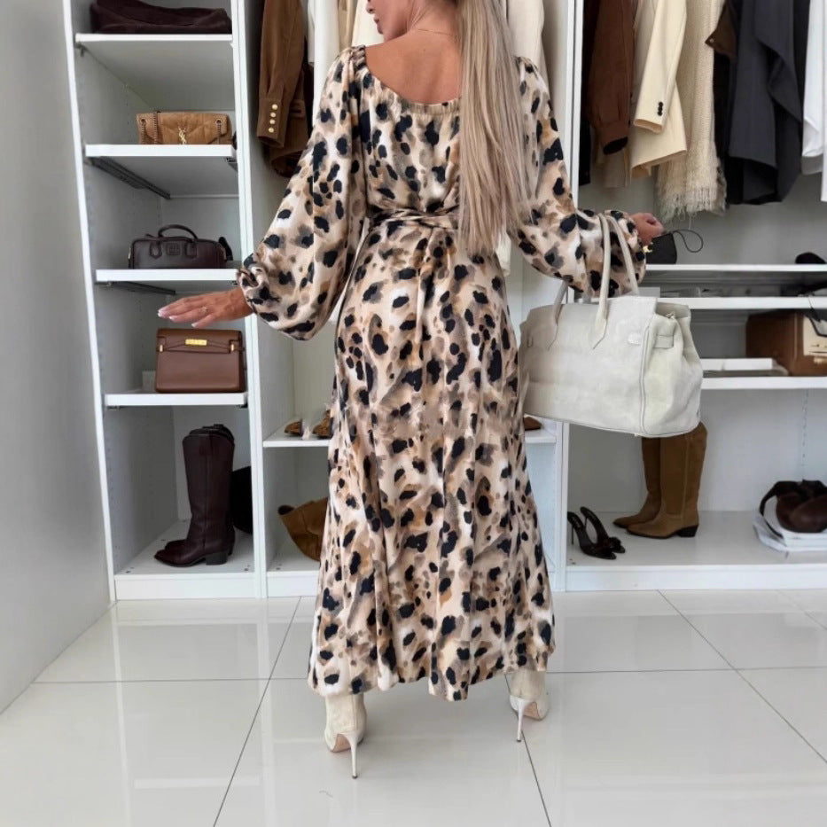 Damen Langarmkleid mit Prints, Taillenkontrolle und Saumschlitz für Herbst/Winter