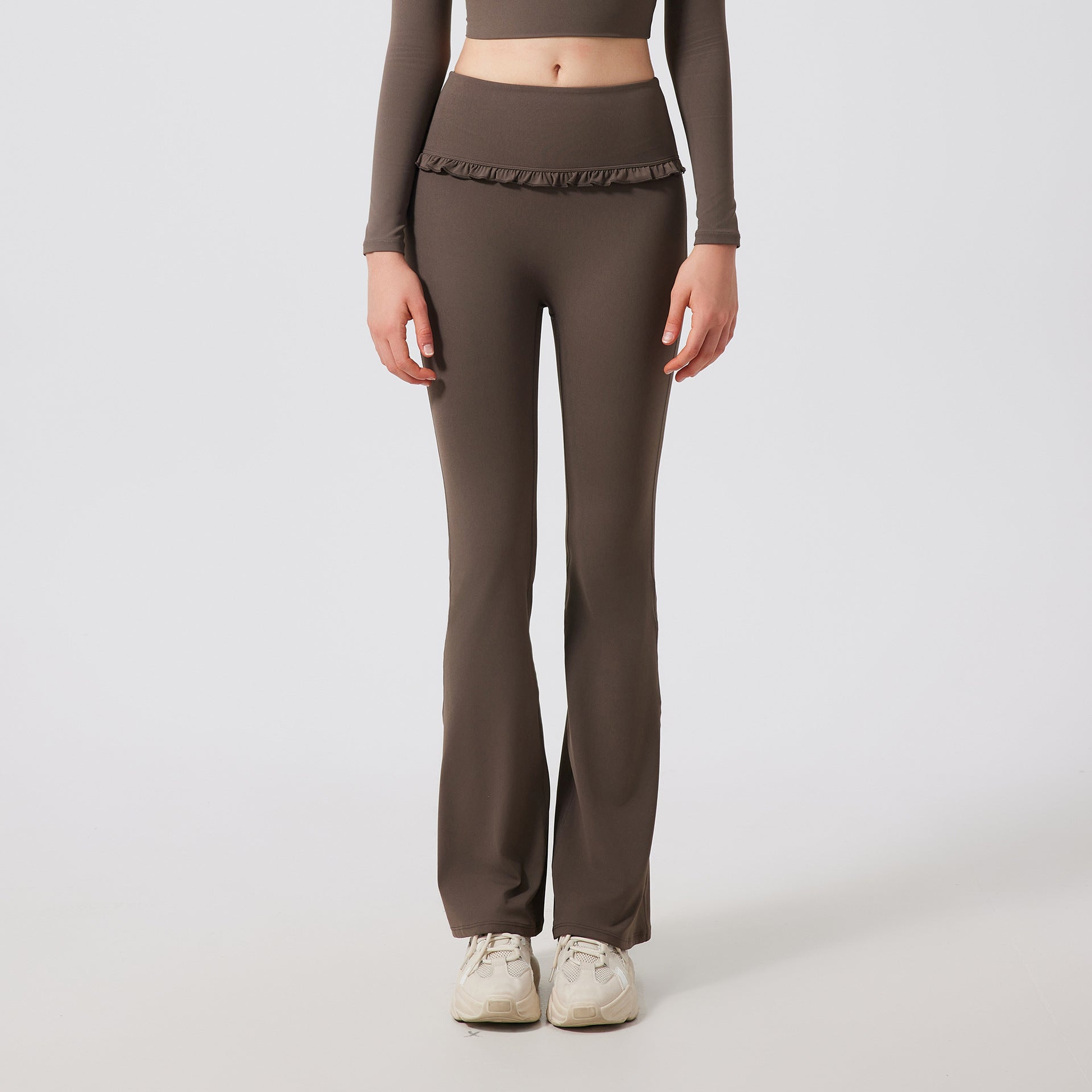 Gerüschte Skinny Yoga Leggings für Damen – High Waist, Schlankmachend, Sportlich, mit ausgestelltem Bein, schmal geschnitten, atmungsaktiv, lässig, Fitnesshose