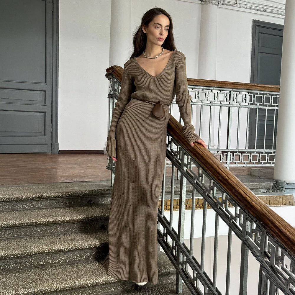 Einfarbiges Langarmkleid Damen Herbst Winter Elegant V-Ausschnitt Schmale Hüfte Strickkleid