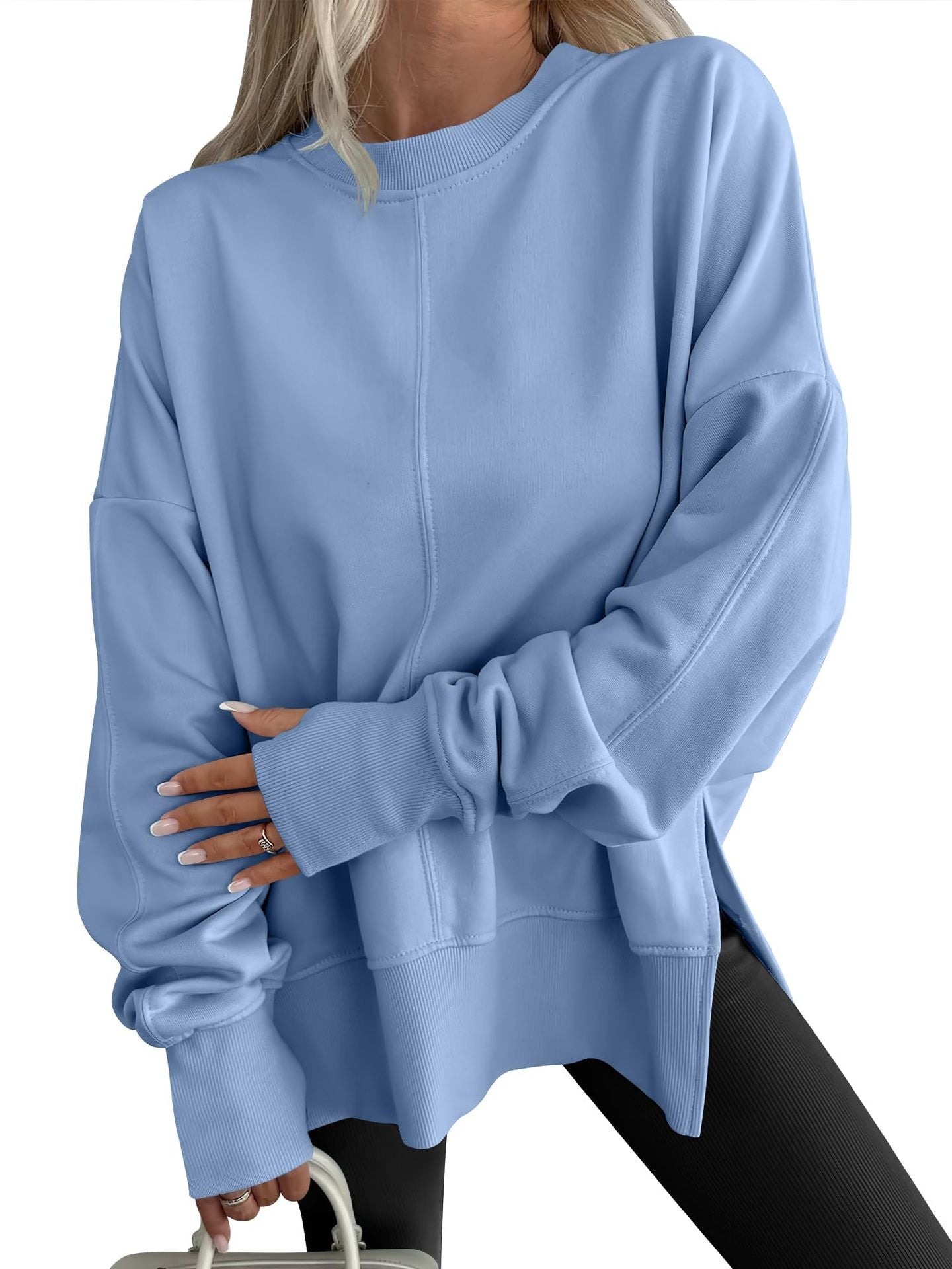 Freizeitpullover mit Rundhalsausschnitt, einfarbig, locker sitzend, sportlich, langärmelig, Oberteil