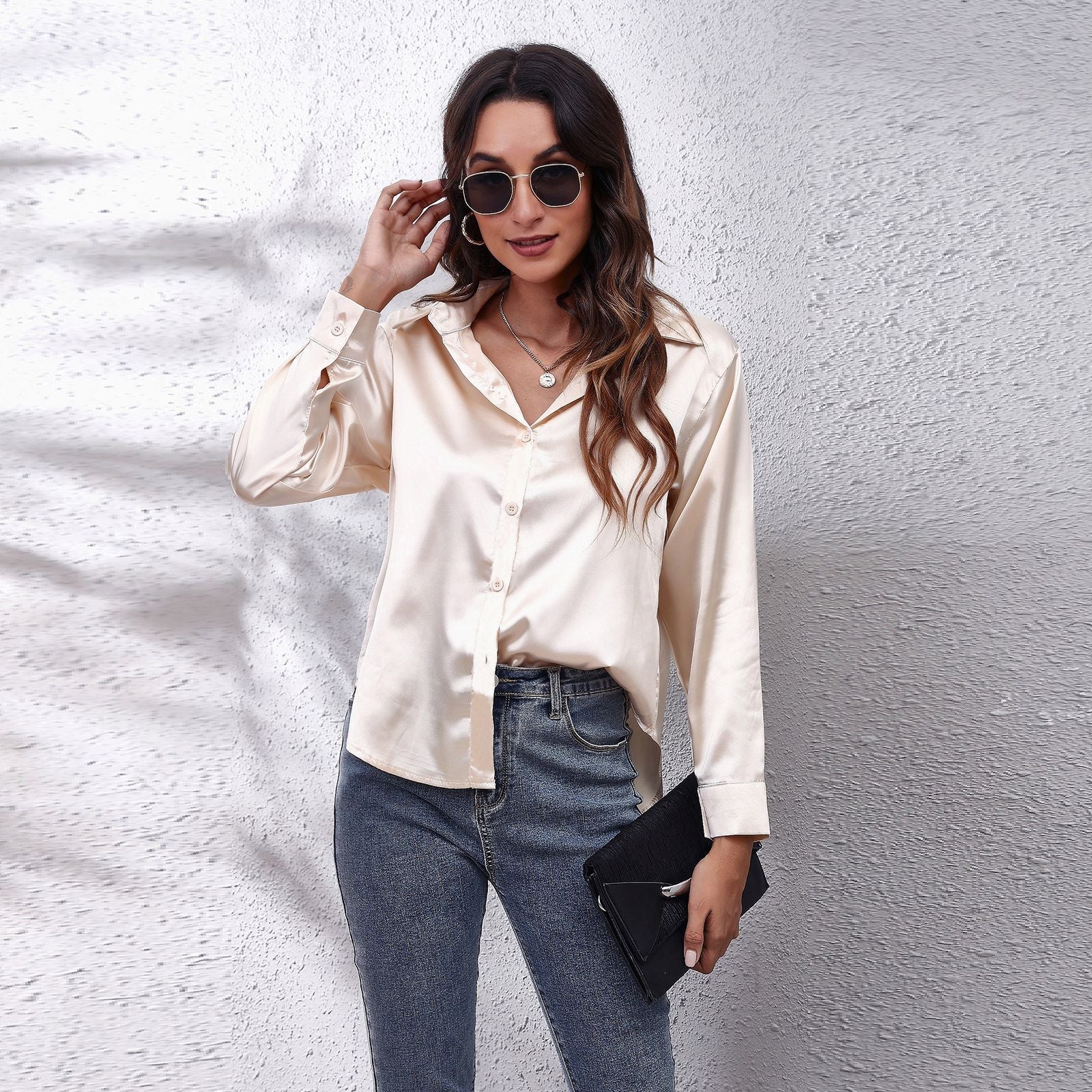 Satinhemd Damen Satin Kunstseide Langarmshirt