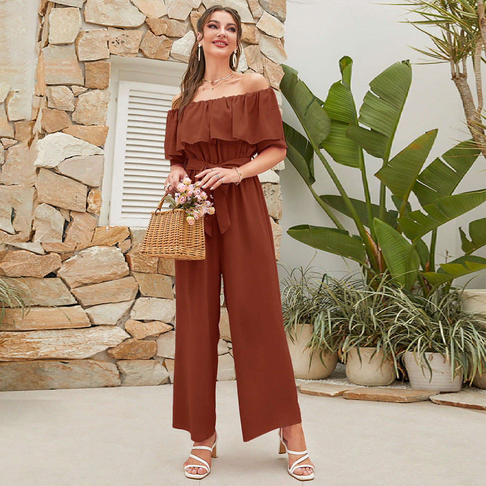 Damenbekleidung Sommer Casual schulterfrei Rüschenärmel Schnürung Crop-Top weite Beinhose