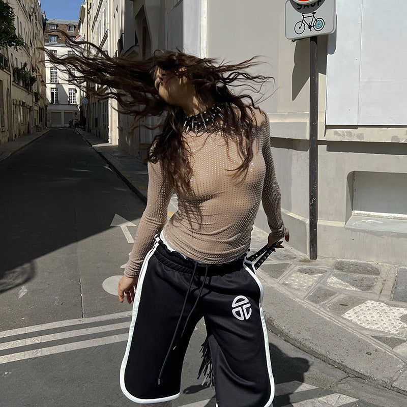 Sexyes, transparentes, langärmliges Oberteil für den Frühling, schmale Passform, wildes T-Shirt