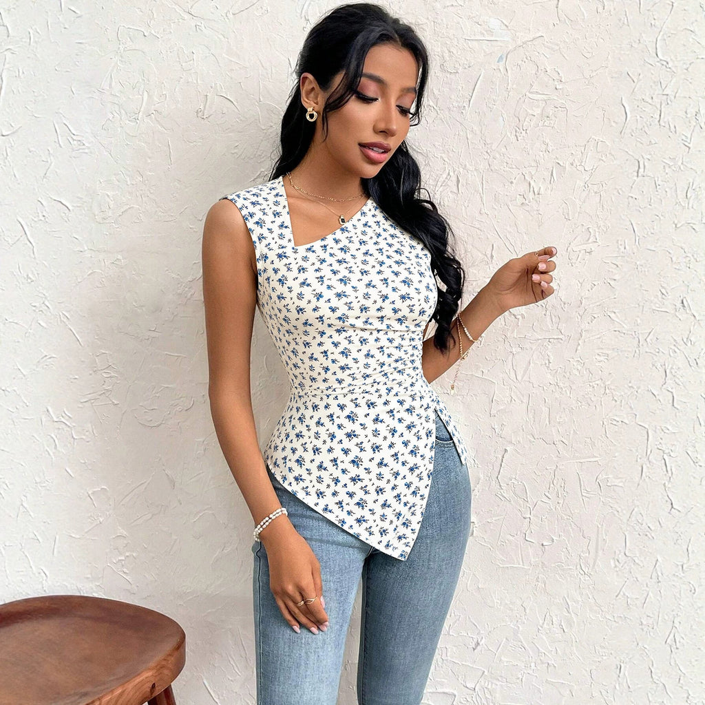 French Floral Sleeveless Vest Women Asymmetric Oblique Square Neck Cinched Side Slit Slim Fit Slimming Top