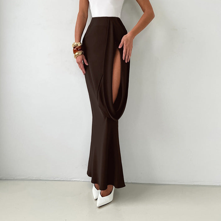 Niche Women Hollow Out Cutout out Design Irregular Asymmetric High Waist Slim Fit Sexy Skirt Fishtail Skirt