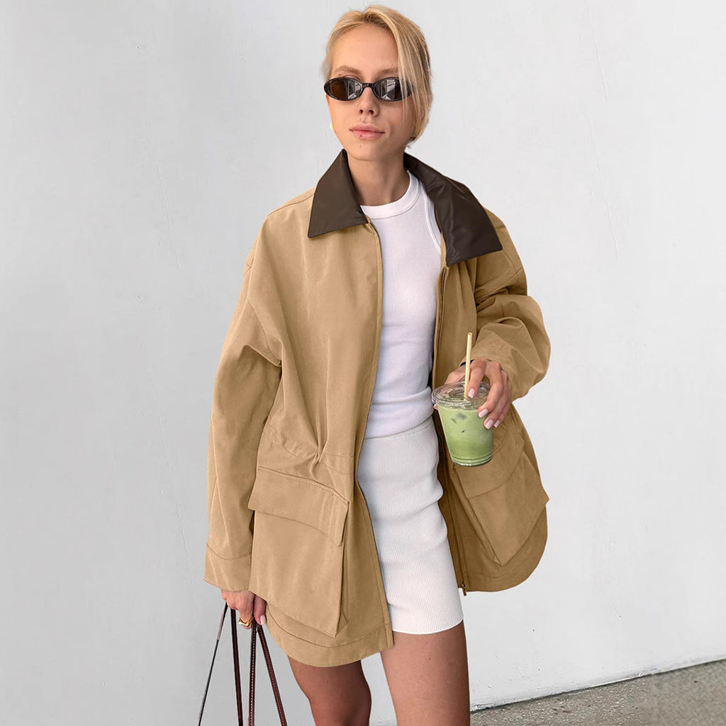 Damen Trenchcoat aus Patchwork-Leder, locker geschnitten, Herbst/Winter