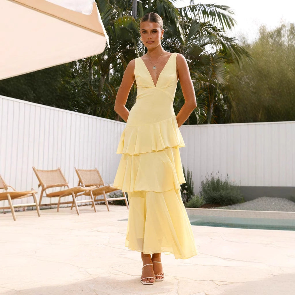 Sexy Internet Sommer Französisches Stufenkleid Kinder Eleganz Ärmelloses V-Ausschnitt-Kleid