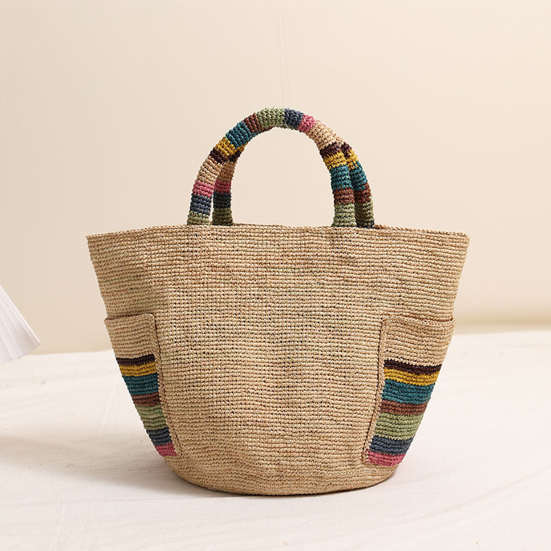 Hochwertige Raffia Tragbare Strohtasche Farbe Außentasche Strohtasche Gewebte Tasche Damen Strandurlaub Strandtasche