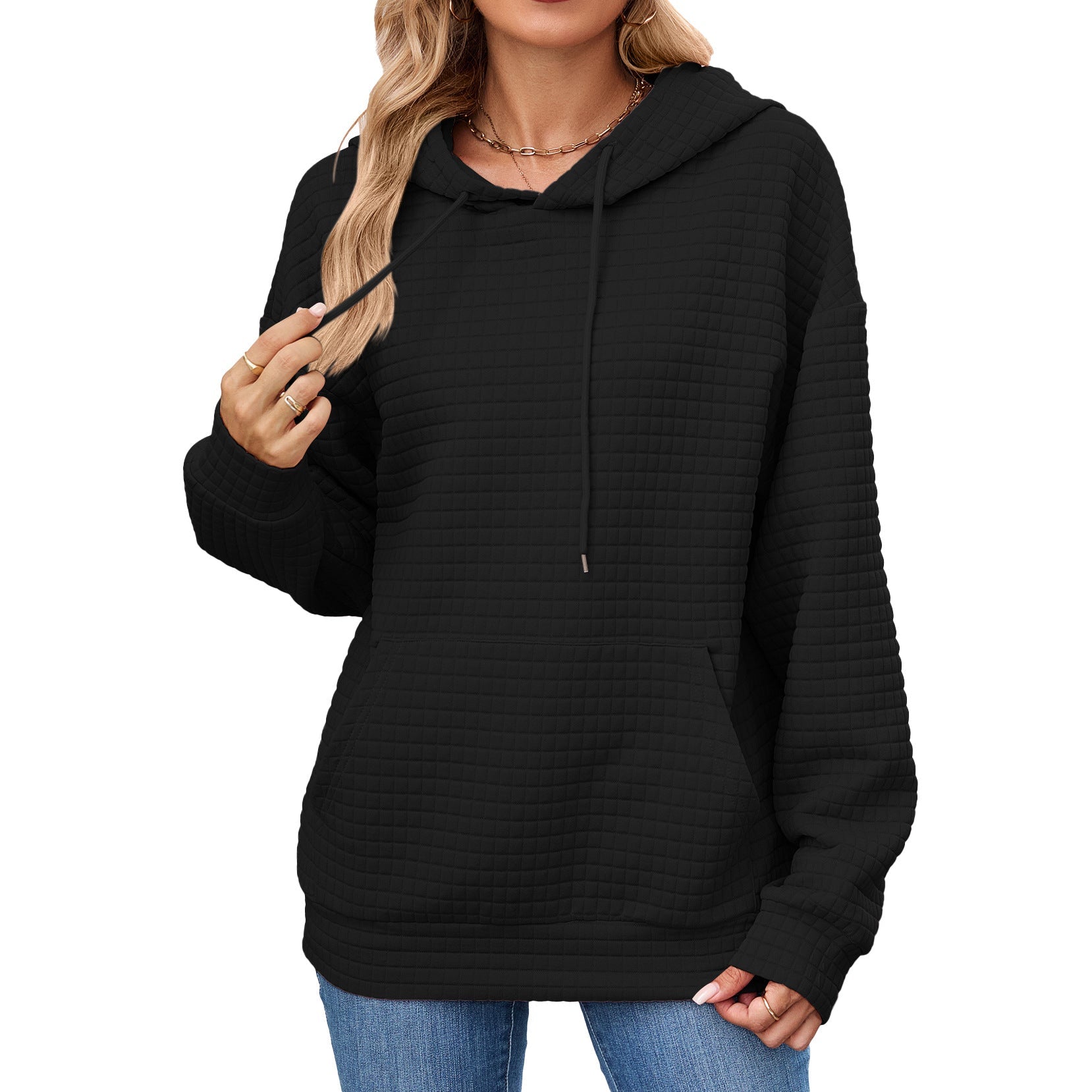 Herbst Winter Einfarbig Kapuzenpullover mit Tasche Lockere Langarm Sweatshirt Jacke für Damen