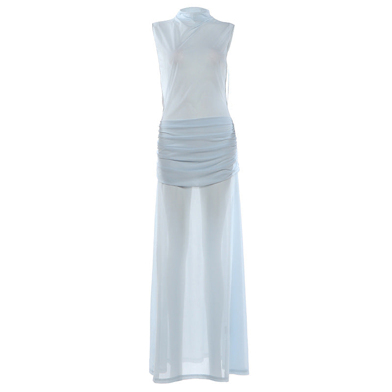 Spring Women Solid Color Slim Fit Elegant Graceful Stand Collar Sleeveless High Waist Sexy Dress