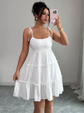 French Women Summer Short Tiered Dress Elegant Tied Suspender Dress