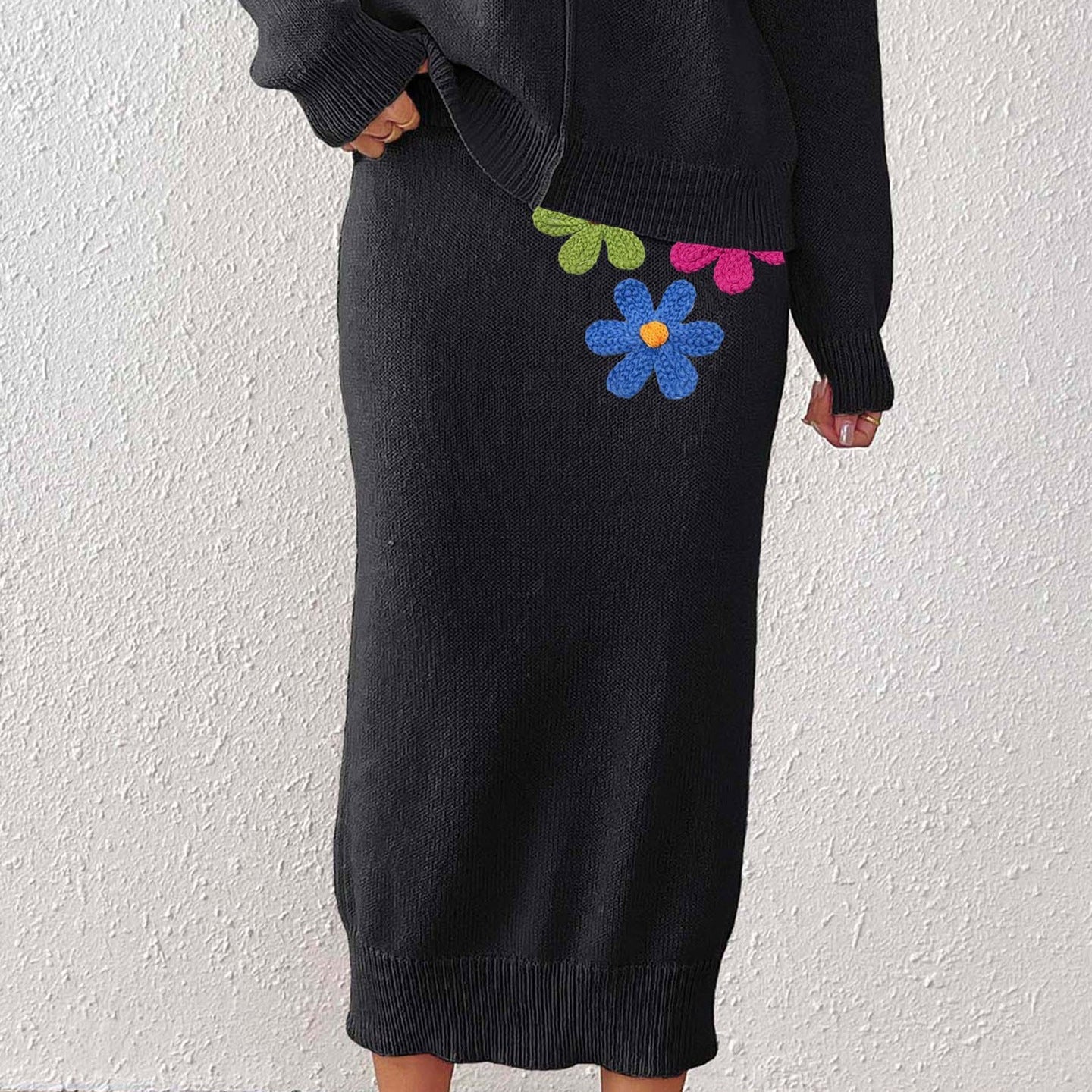 Damenbekleidung Midilanger eleganter Rock Bestickter Rock mit Blumenstickerei Wollrock