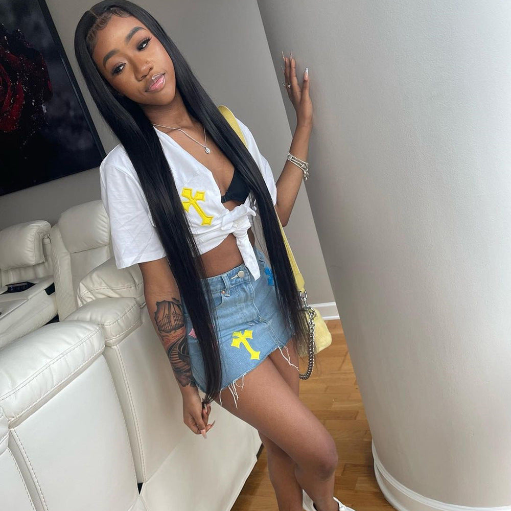 Damenbekleidung Frühling Sommer Jeans Quasten Überkreuzstich Blumenrock
